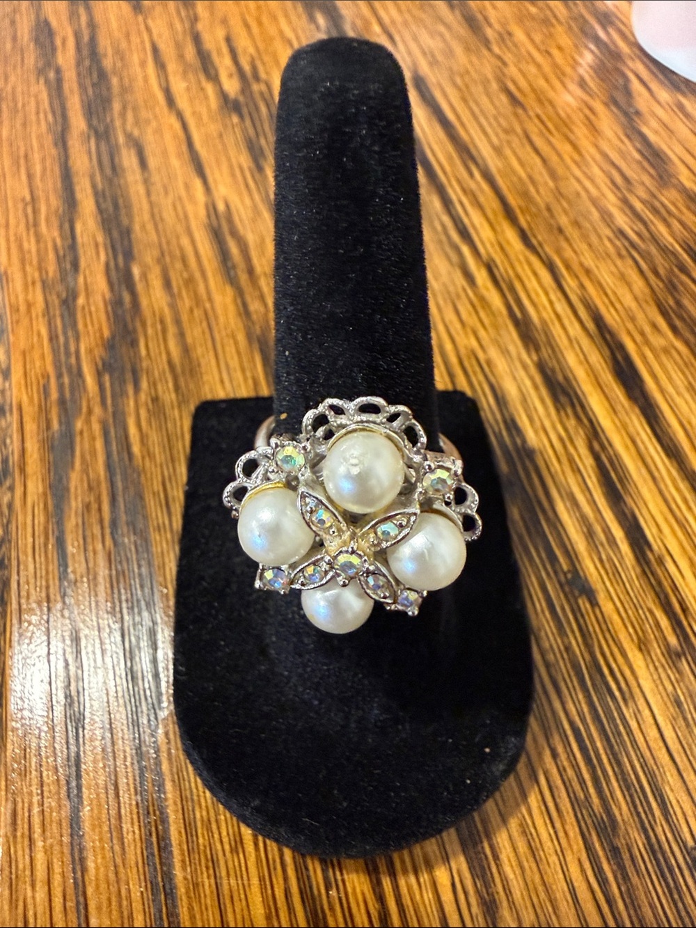 Vintage Sarah Coventry Faux Pearl Aurora Borealis Rhinestone Floral Cluster Ring